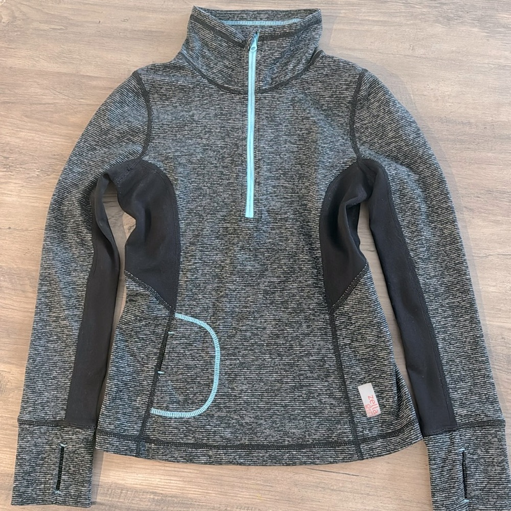 Zella Girl Quarter Zip Up Jacket Gray & Black W/ Blue Stitching & Zipper Size 8